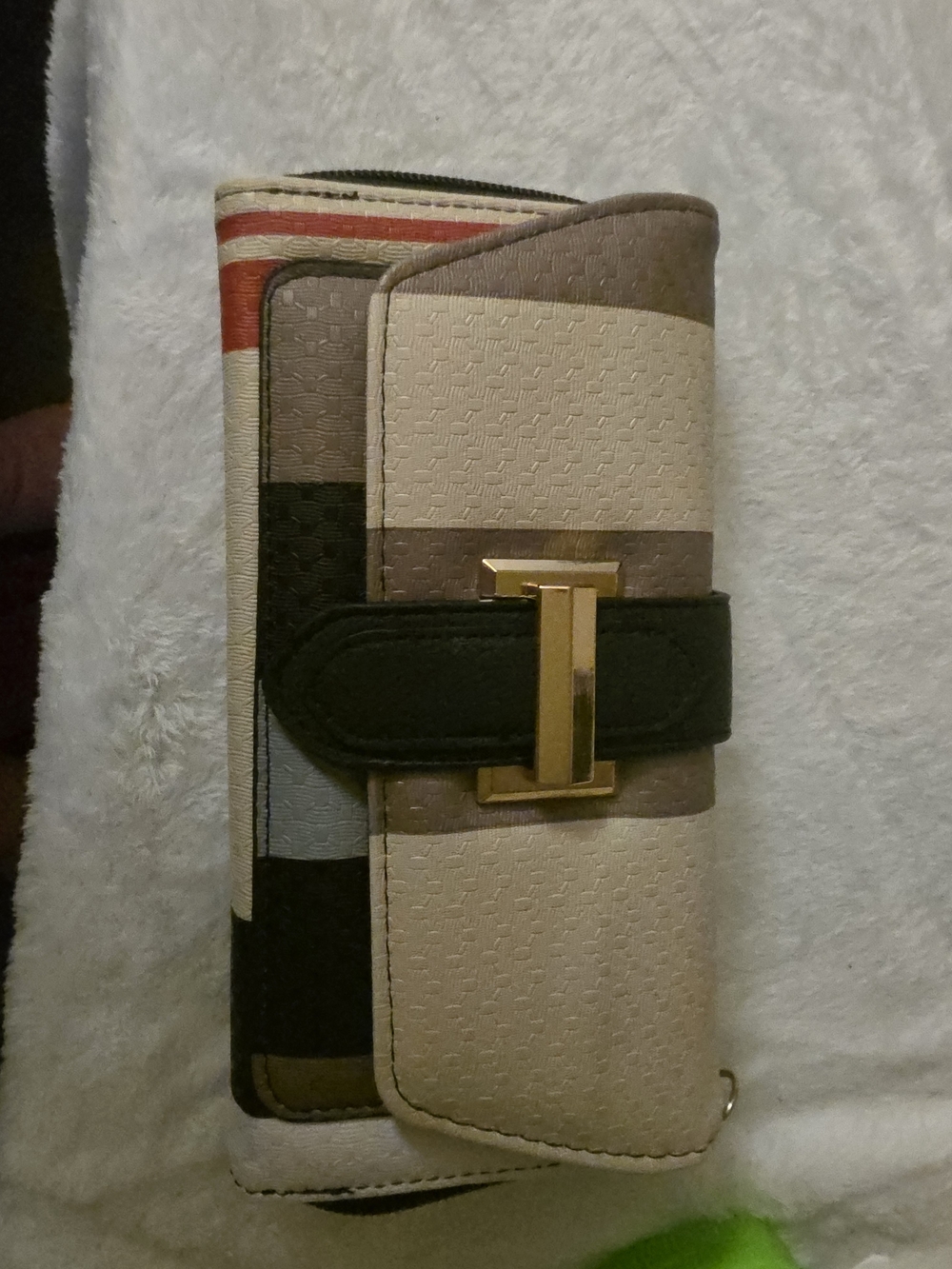 Striped Cream and Black Women's Wallet with Gold Hardware